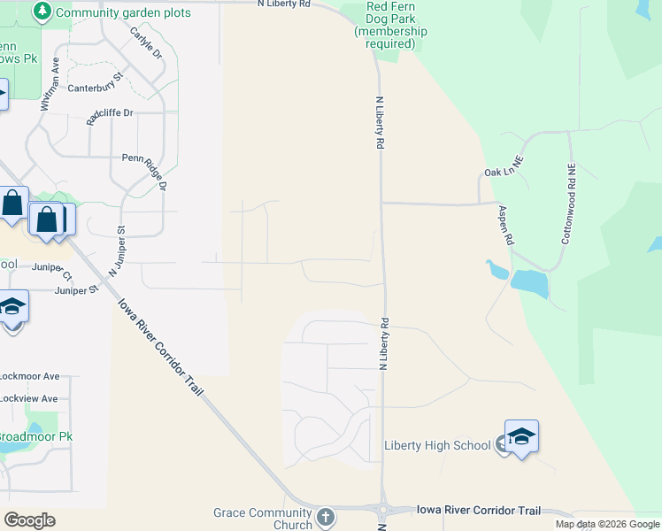 map of restaurants, bars, coffee shops, grocery stores, and more near 2645 North Liberty Road Northeast in North Liberty