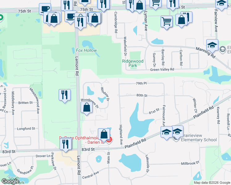 map of restaurants, bars, coffee shops, grocery stores, and more near 8011 Highland Avenue in Downers Grove