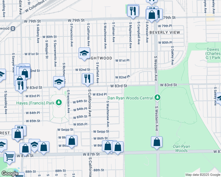 map of restaurants, bars, coffee shops, grocery stores, and more near 2700 West 83rd Place in Chicago