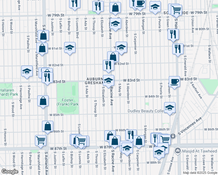map of restaurants, bars, coffee shops, grocery stores, and more near 8300 South Racine Avenue in Chicago