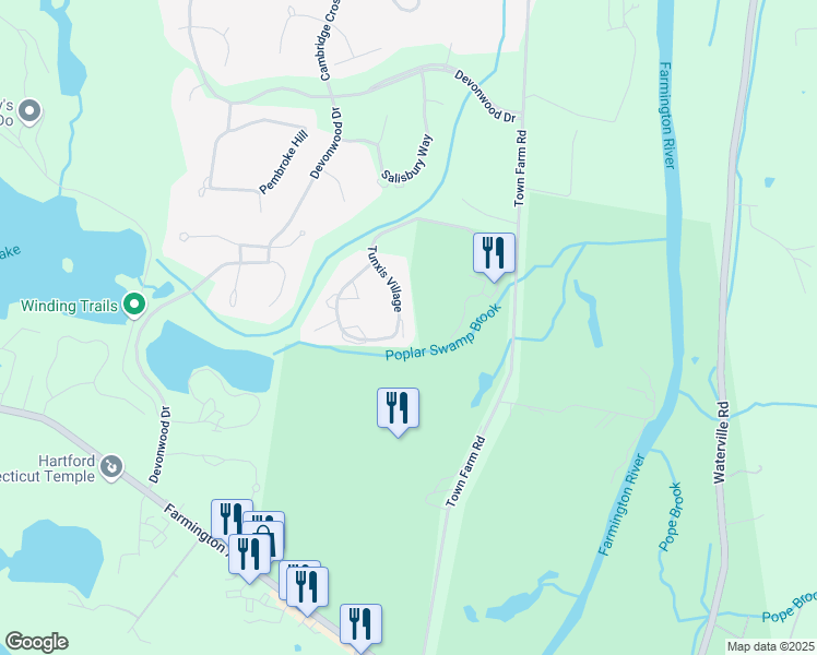 map of restaurants, bars, coffee shops, grocery stores, and more near 45 Tunxis Village in Farmington