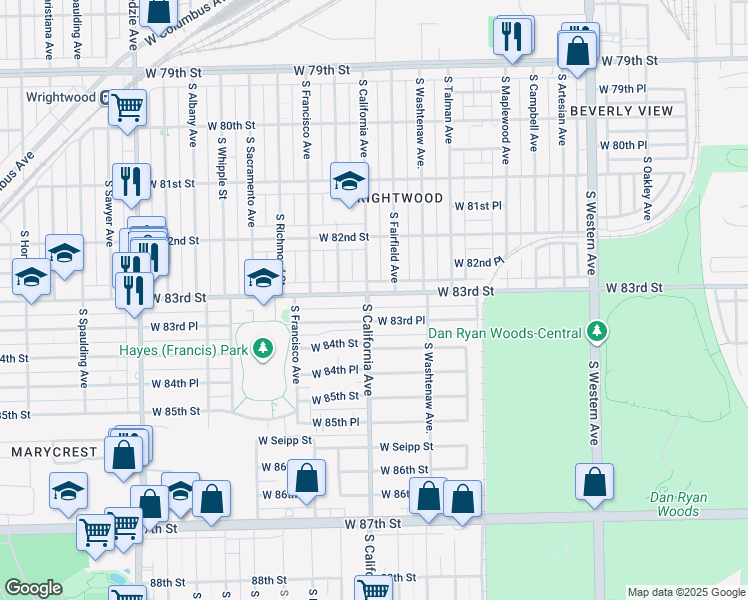map of restaurants, bars, coffee shops, grocery stores, and more near 2753 West 83rd Street in Chicago