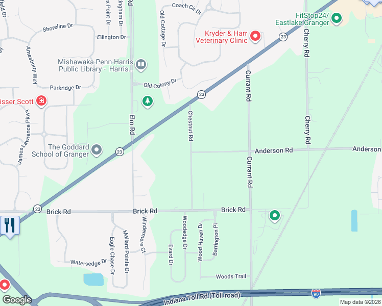 map of restaurants, bars, coffee shops, grocery stores, and more near 51700 Chestnut Road in Granger