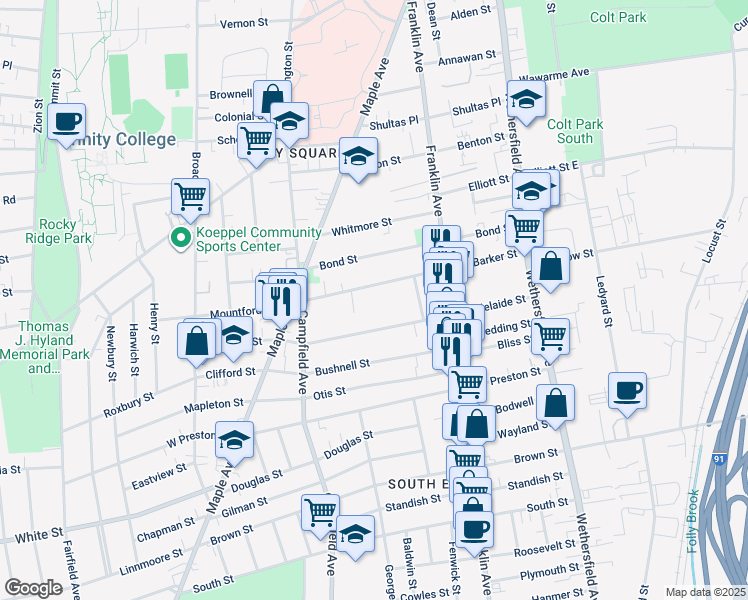 map of restaurants, bars, coffee shops, grocery stores, and more near 148 Adelaide Street in Hartford