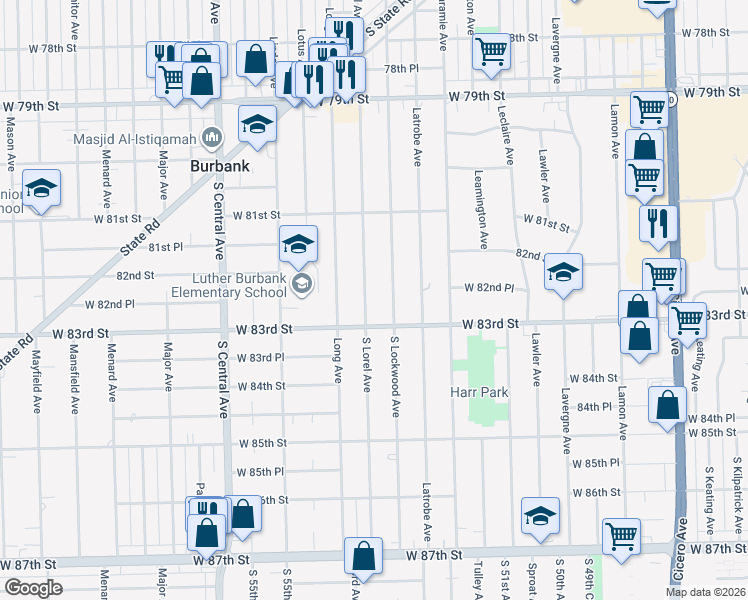 map of restaurants, bars, coffee shops, grocery stores, and more near 8248 South Lorel Avenue in Burbank
