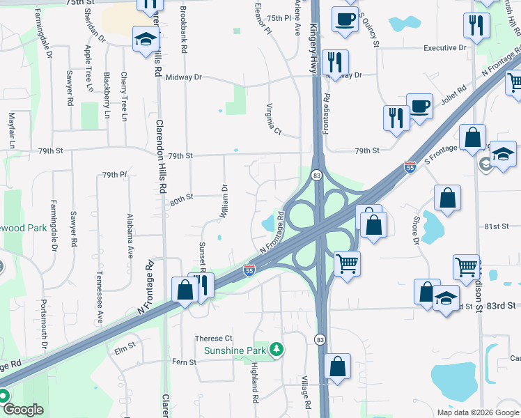 map of restaurants, bars, coffee shops, grocery stores, and more near 9S025 Lake Drive in Willowbrook