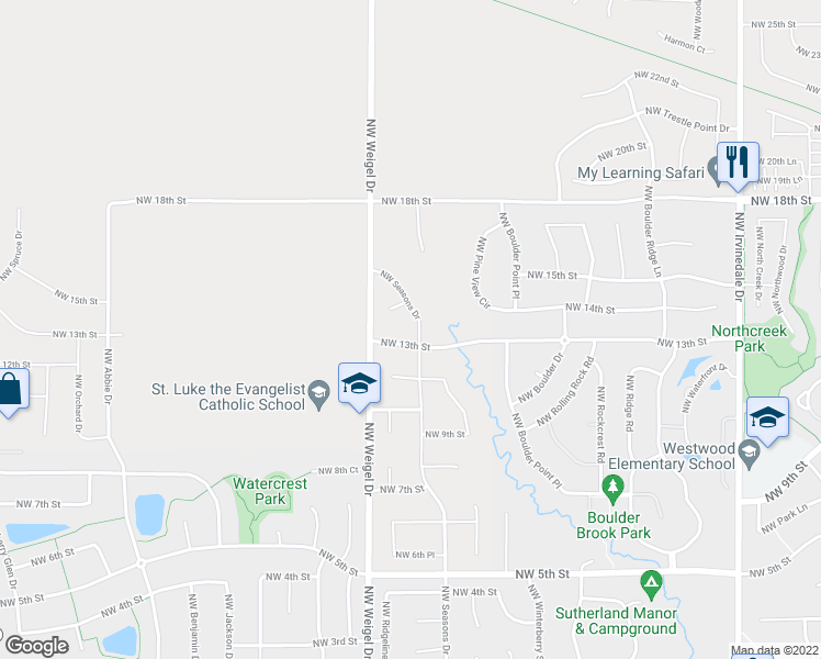 map of restaurants, bars, coffee shops, grocery stores, and more near 1316 Northwest Seasons Drive in Ankeny