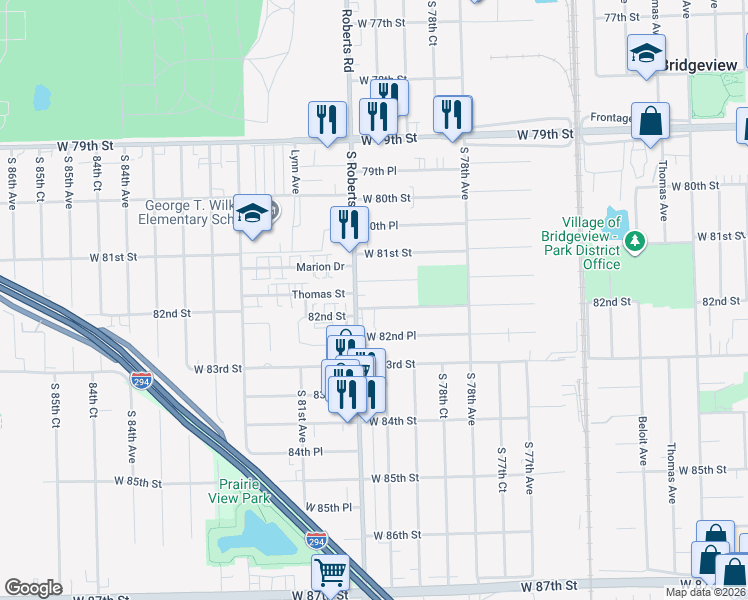map of restaurants, bars, coffee shops, grocery stores, and more near 7923 82nd Street in Bridgeview