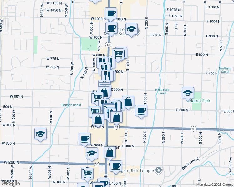 map of restaurants, bars, coffee shops, grocery stores, and more near 550 Main Street in Logan