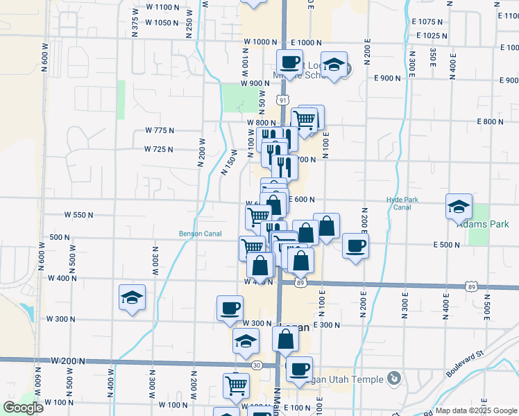 map of restaurants, bars, coffee shops, grocery stores, and more near 555 North Main Street in Logan