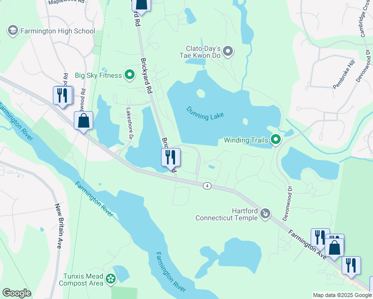 map of restaurants, bars, coffee shops, grocery stores, and more near 33 Grandview Drive in Farmington