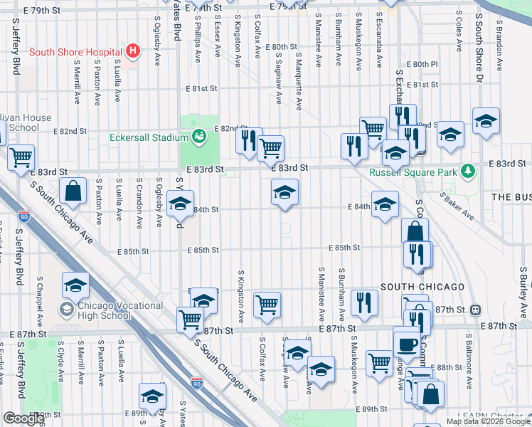 map of restaurants, bars, coffee shops, grocery stores, and more near 8423 South Colfax Avenue in Chicago