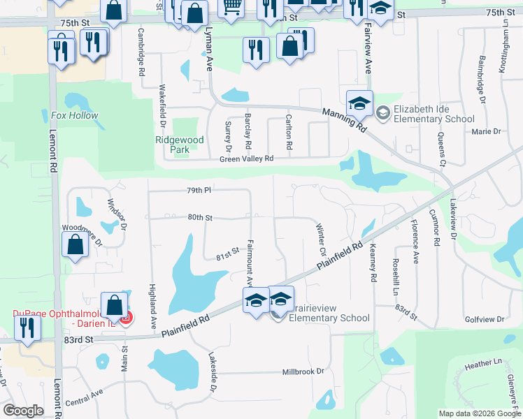 map of restaurants, bars, coffee shops, grocery stores, and more near 701 80th Street in Downers Grove