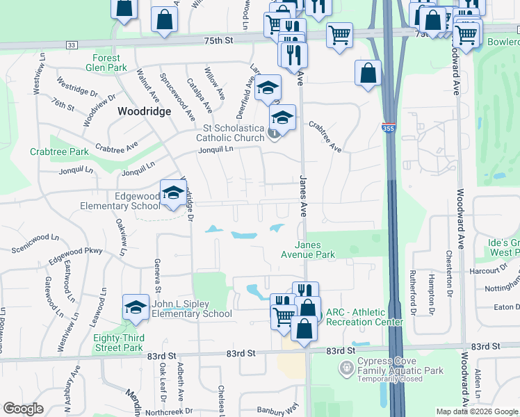 map of restaurants, bars, coffee shops, grocery stores, and more near 7933 Woodlyn Drive in Woodridge