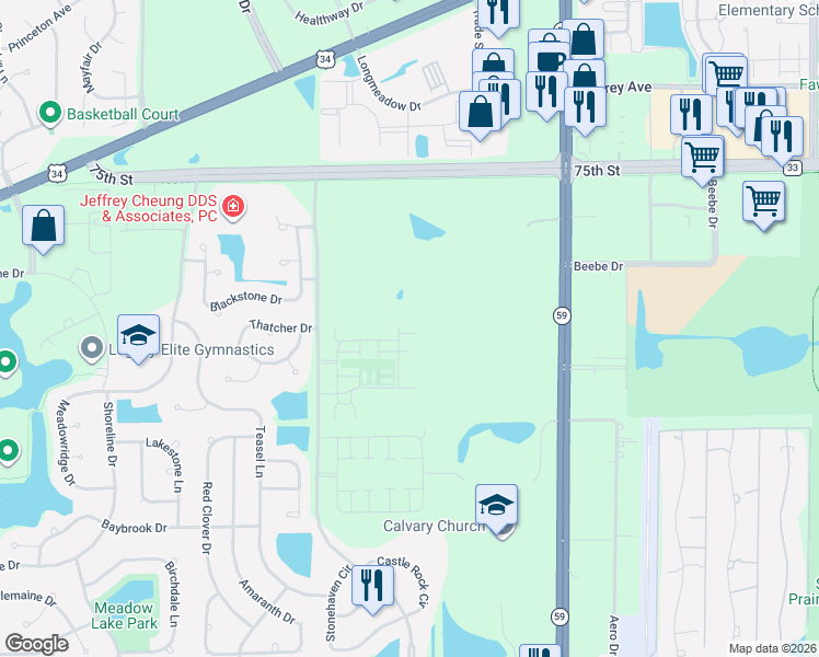 map of restaurants, bars, coffee shops, grocery stores, and more near 75TH Route 30 in Aurora