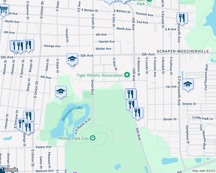 map of restaurants, bars, coffee shops, grocery stores, and more near 925 6th Ave in Aurora