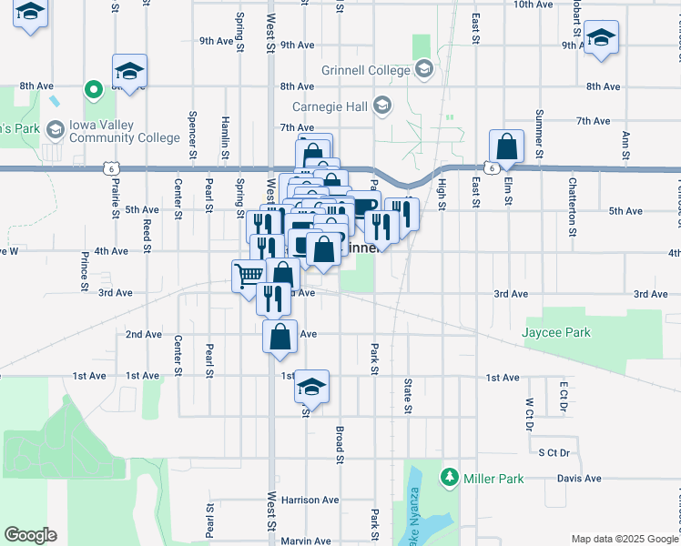 map of restaurants, bars, coffee shops, grocery stores, and more near 818-856 Broad Street in Grinnell