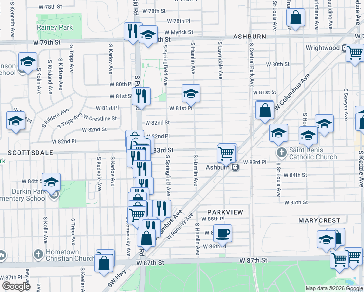 map of restaurants, bars, coffee shops, grocery stores, and more near 3843 West 83rd Street in Chicago