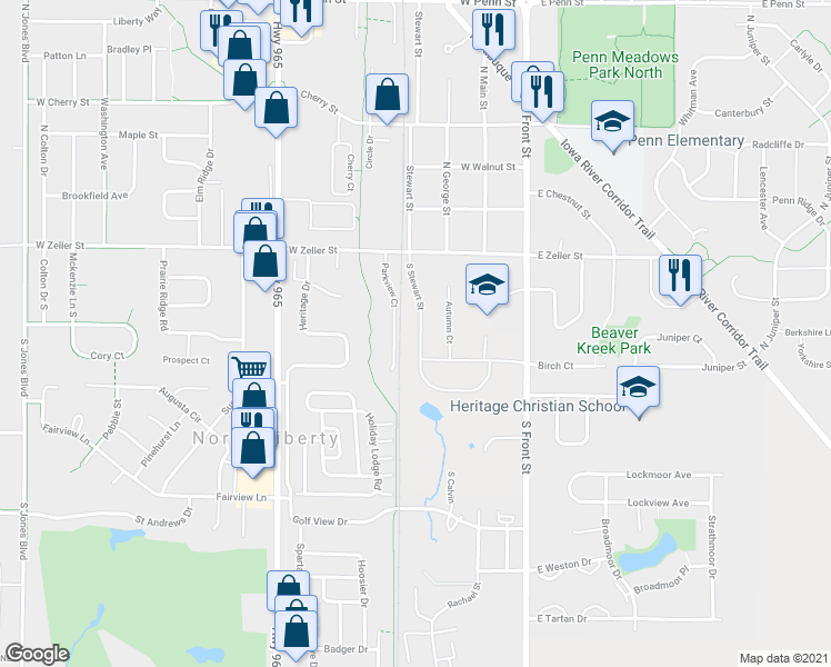 map of restaurants, bars, coffee shops, grocery stores, and more near 257 South Stewart Street in North Liberty