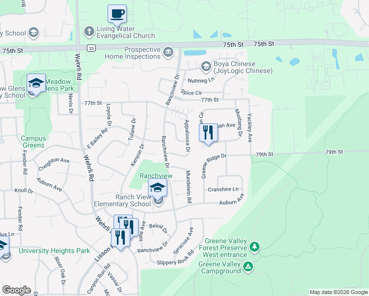 map of restaurants, bars, coffee shops, grocery stores, and more near 1939 Appaloosa Drive in Naperville