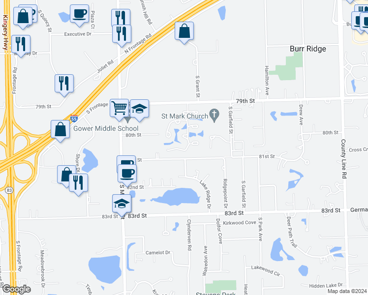 map of restaurants, bars, coffee shops, grocery stores, and more near 541 81st Street in Burr Ridge