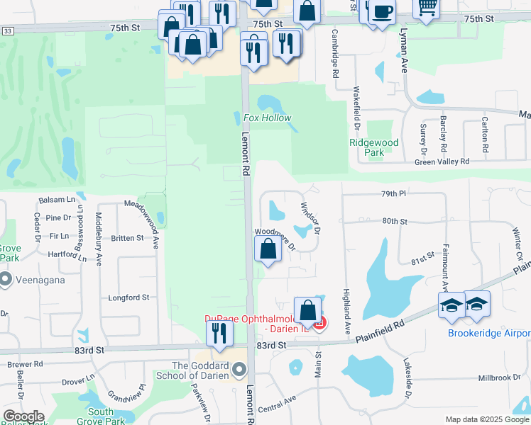 map of restaurants, bars, coffee shops, grocery stores, and more near 2754 Woodmere Drive in Darien