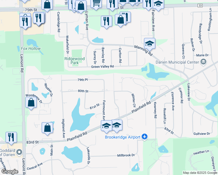 map of restaurants, bars, coffee shops, grocery stores, and more near 701 80th Street in Downers Grove