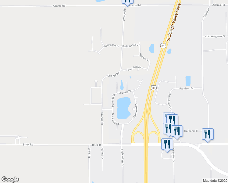 map of restaurants, bars, coffee shops, grocery stores, and more near 2609 Bow Line Court in South Bend