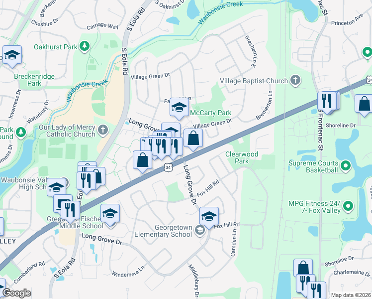 map of restaurants, bars, coffee shops, grocery stores, and more near 721 East Cooper Court in Aurora