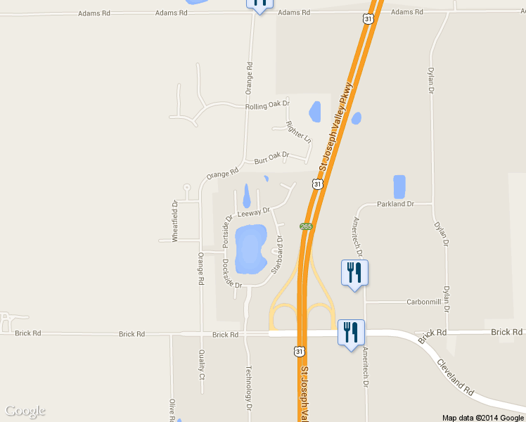 map of restaurants, bars, coffee shops, grocery stores, and more near Leeway Drive in South Bend