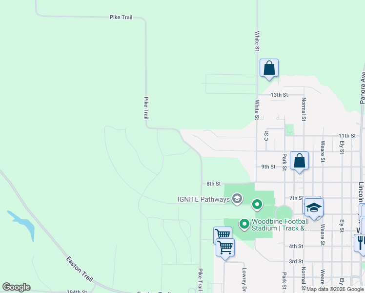 map of restaurants, bars, coffee shops, grocery stores, and more near 106 Bluegrass Lane in Woodbine