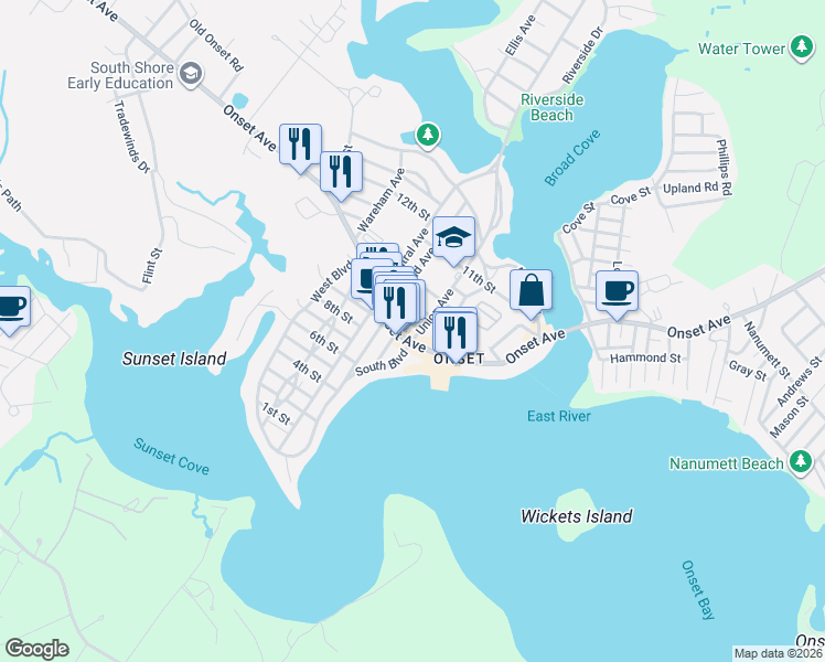 map of restaurants, bars, coffee shops, grocery stores, and more near 4 Union Avenue in Wareham