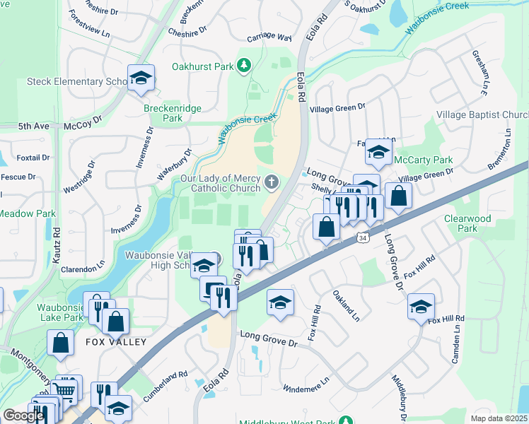 map of restaurants, bars, coffee shops, grocery stores, and more near 801 South Eola Road in Aurora