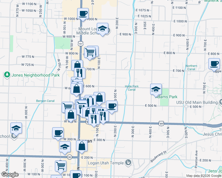 map of restaurants, bars, coffee shops, grocery stores, and more near 550 North 200 East in Logan