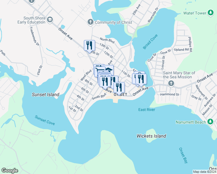 map of restaurants, bars, coffee shops, grocery stores, and more near in Wareham