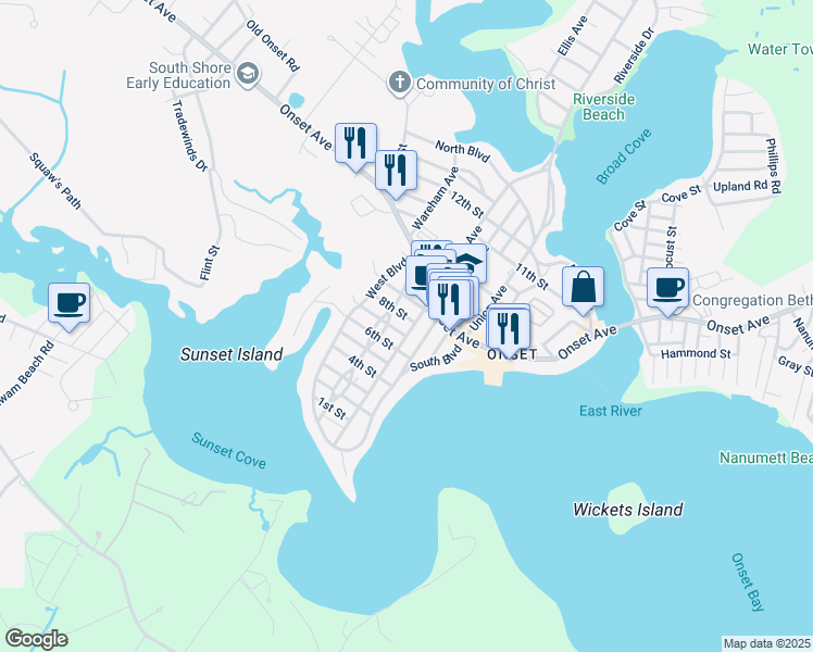 map of restaurants, bars, coffee shops, grocery stores, and more near 26 West Central Avenue in Wareham
