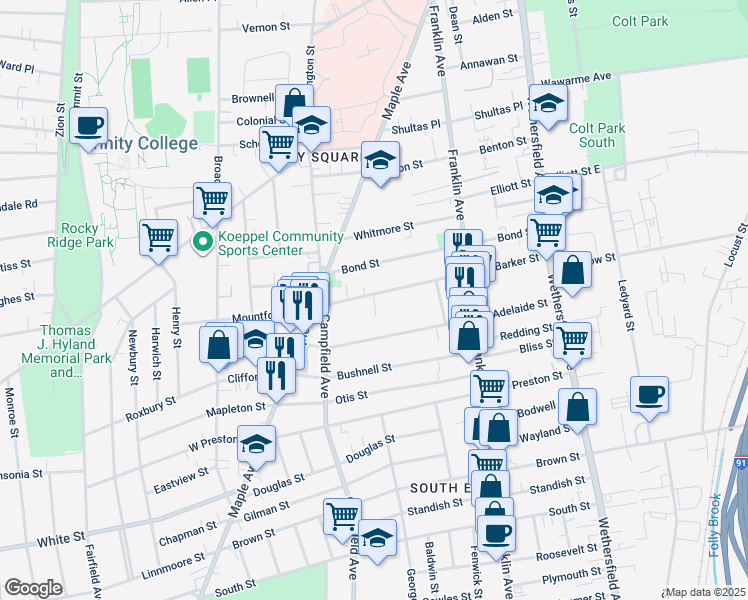map of restaurants, bars, coffee shops, grocery stores, and more near 185 Barker Street in Hartford