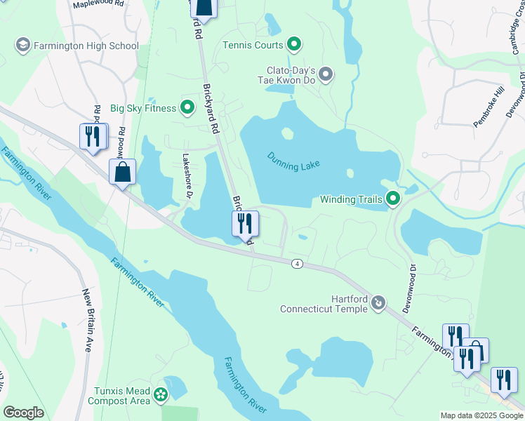 map of restaurants, bars, coffee shops, grocery stores, and more near 17 Brickyard Road in Farmington