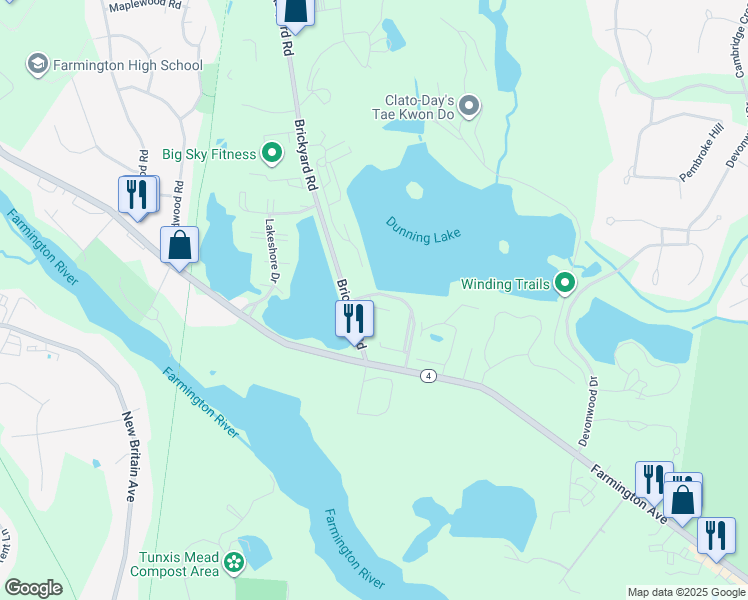map of restaurants, bars, coffee shops, grocery stores, and more near 17 Brickyard Road in Farmington