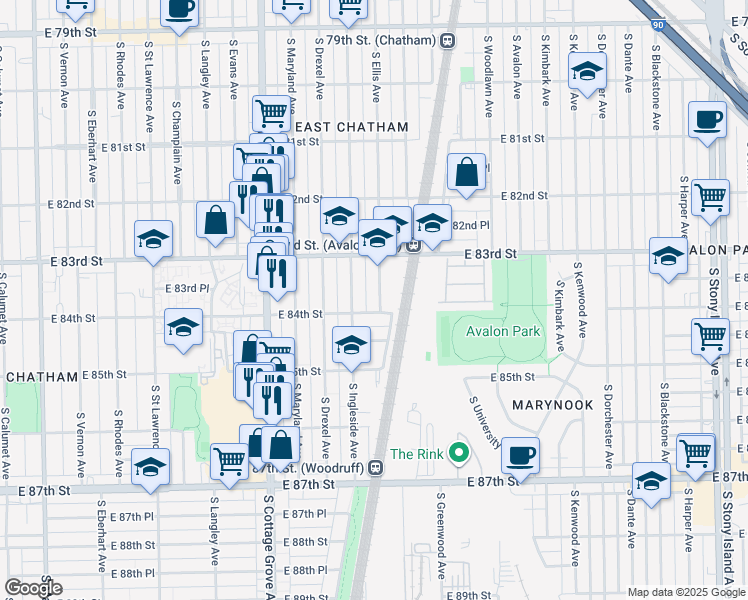 map of restaurants, bars, coffee shops, grocery stores, and more near 1005 East 84th Street in Chicago