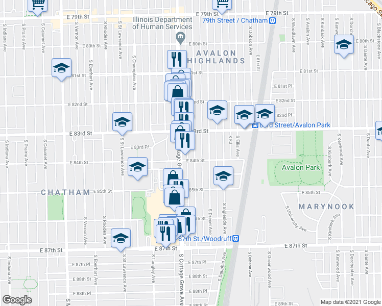 map of restaurants, bars, coffee shops, grocery stores, and more near 8401 South Cottage Grove Avenue in Chicago