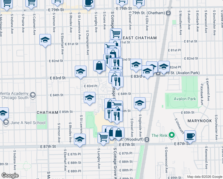 map of restaurants, bars, coffee shops, grocery stores, and more near 741 East 84th Street in Chicago