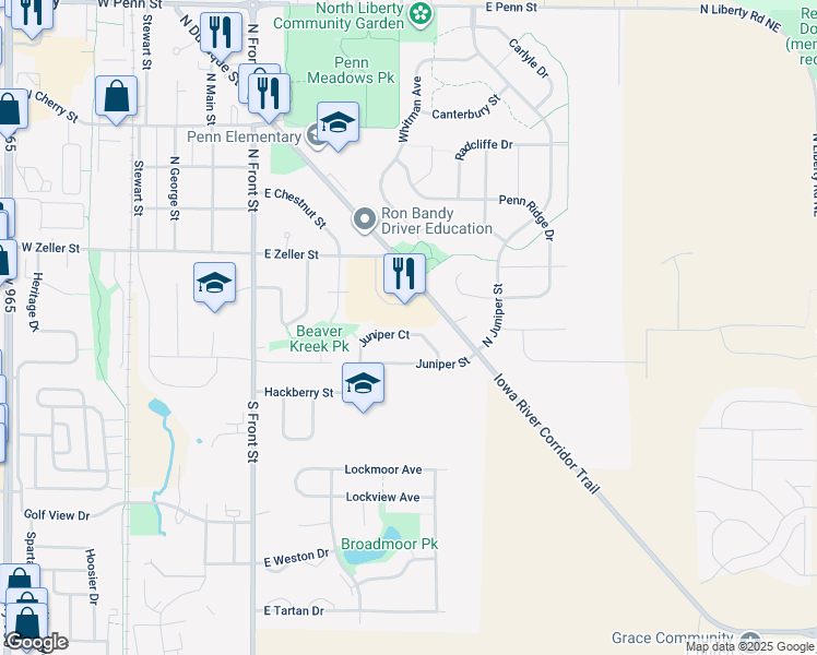 map of restaurants, bars, coffee shops, grocery stores, and more near 50 Juniper Court in North Liberty