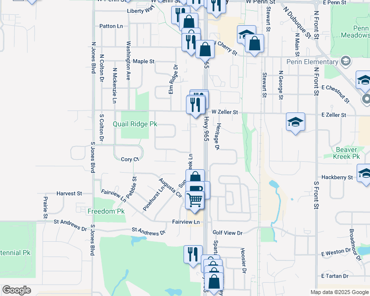 map of restaurants, bars, coffee shops, grocery stores, and more near 225 Sugar Creek Lane in North Liberty