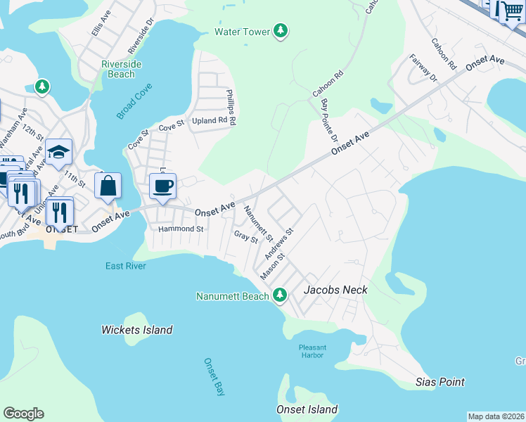map of restaurants, bars, coffee shops, grocery stores, and more near 1 Cross Street in Wareham