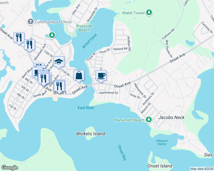 map of restaurants, bars, coffee shops, grocery stores, and more near 11 Myrtle Street in Wareham