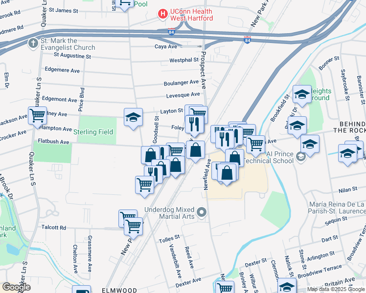 map of restaurants, bars, coffee shops, grocery stores, and more near in West Hartford