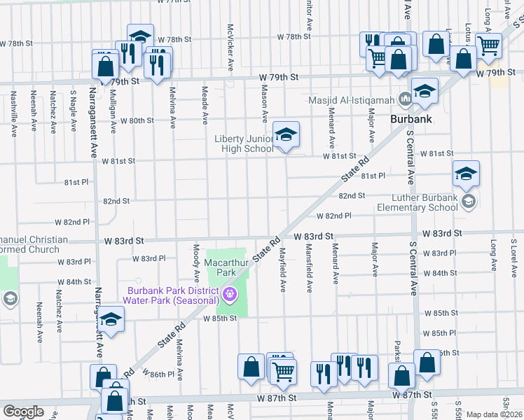 map of restaurants, bars, coffee shops, grocery stores, and more near 8224 Mason Avenue in Burbank
