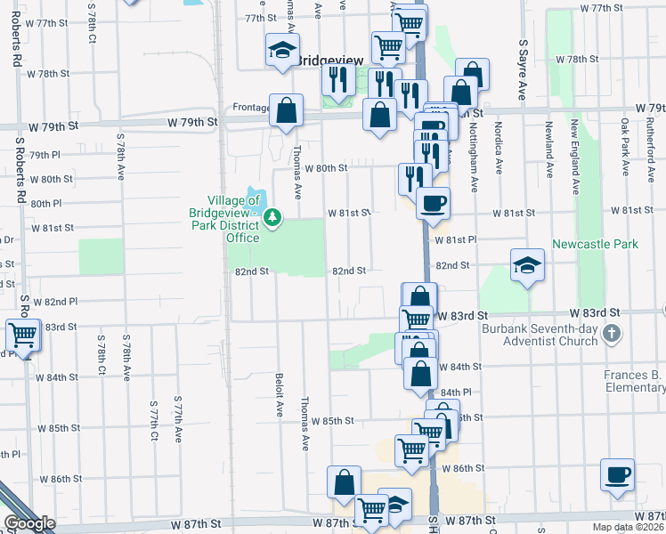 map of restaurants, bars, coffee shops, grocery stores, and more near 8217 South Oketo Avenue in Bridgeview