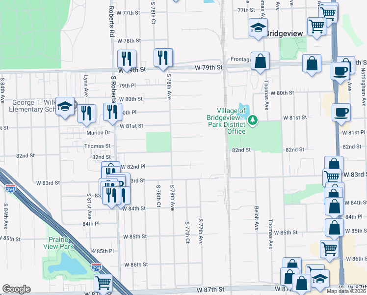 map of restaurants, bars, coffee shops, grocery stores, and more near 7743 82nd Street in Bridgeview